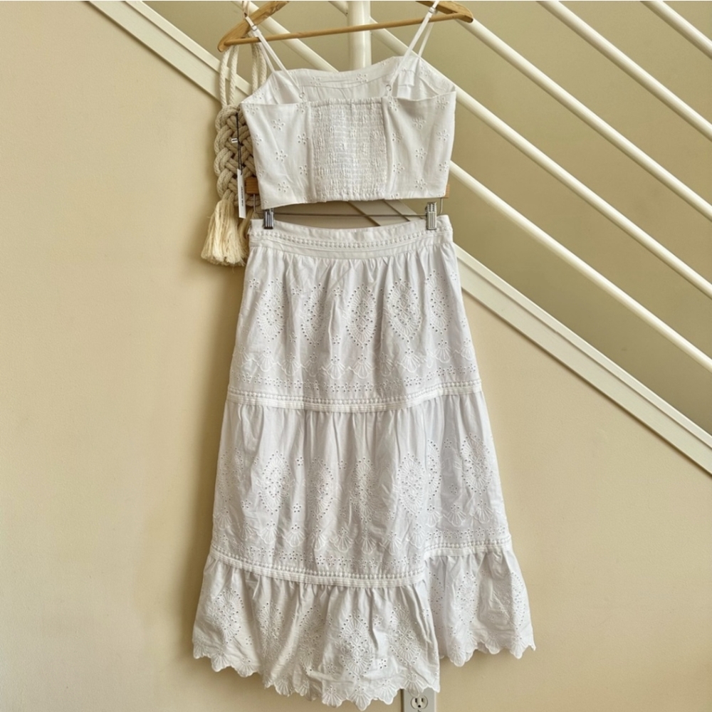NWT Jason Wu Eyelet 2 Pc Set Tiered Ruffled Midi Skirt & Corset Crop Top White M - Picture 4 of 16